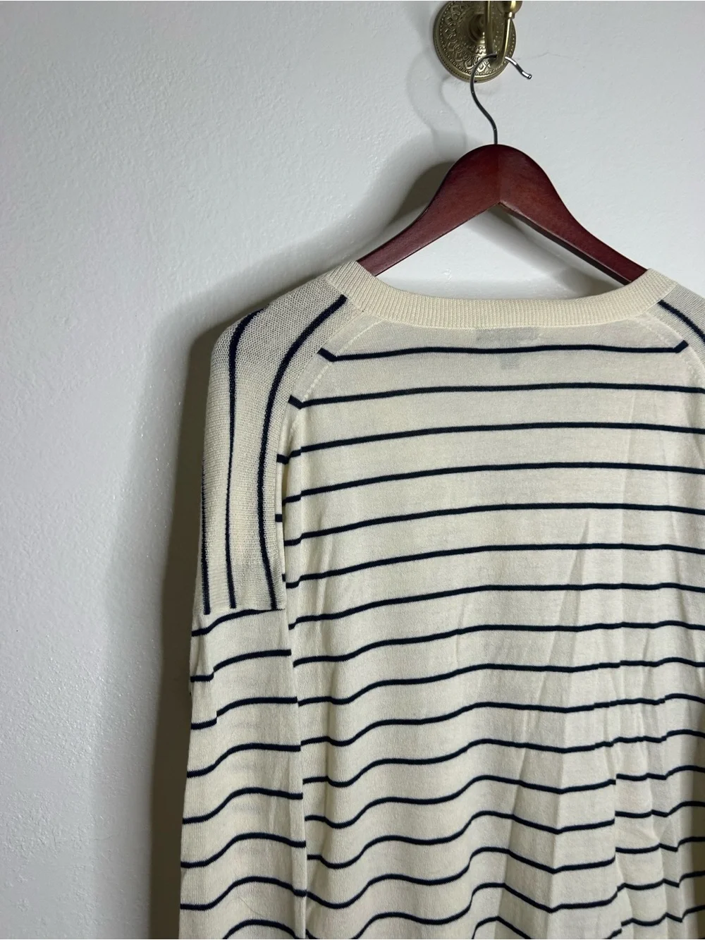 J. Crew Merino Wool Cotton Striped Cream Navy Lightweight V - Neck Sweater
